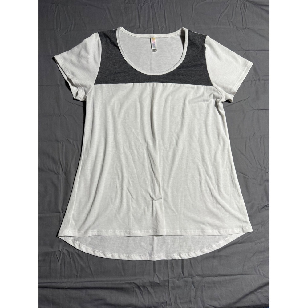 LuLaRoe T Shirt Womens Medium White Gray Good Colorblock High Low Scoop Neck Top